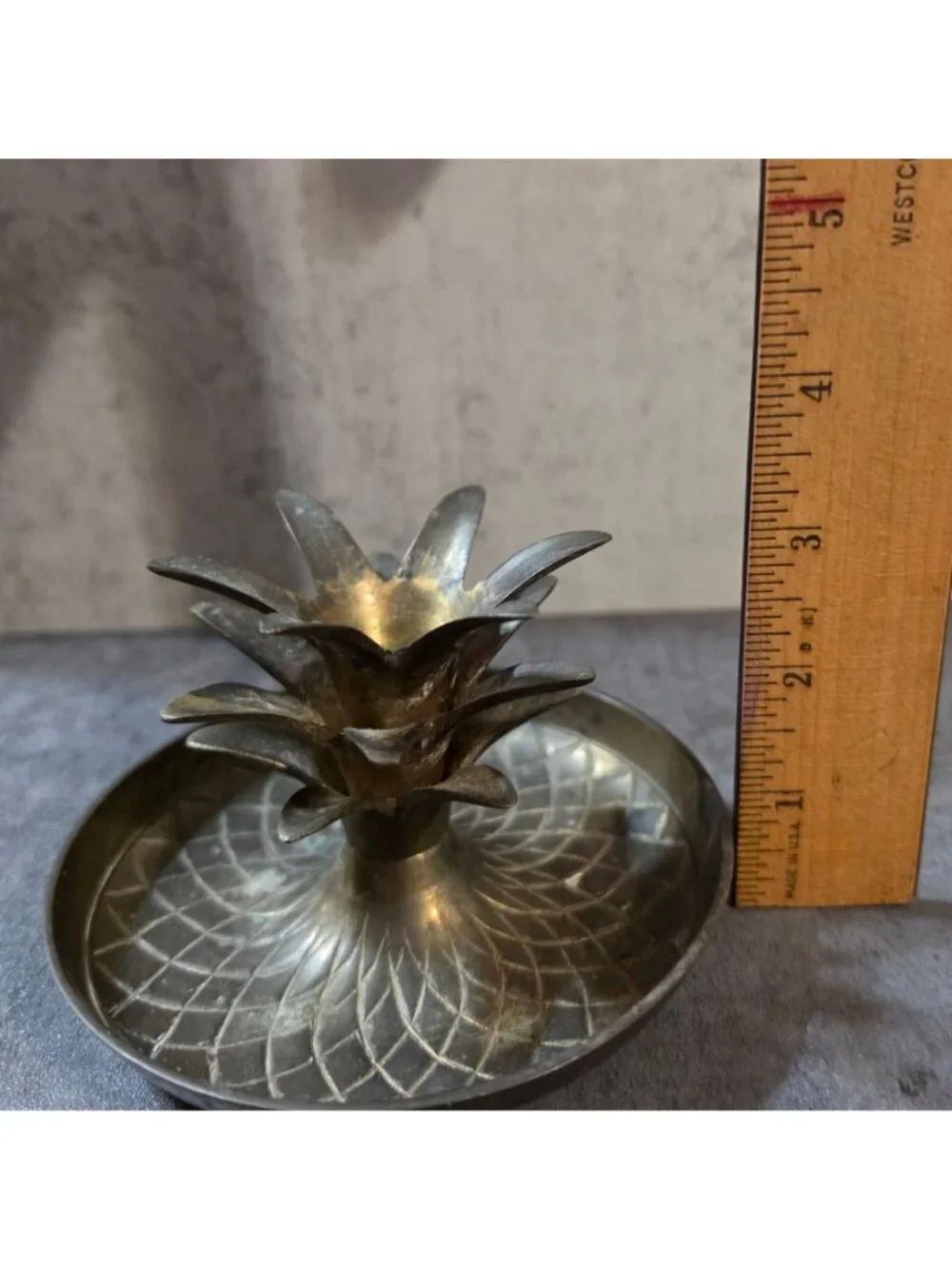 Vtg Solid Brass Pineapple Chamberstick Candle Holder Etched Base Made in India